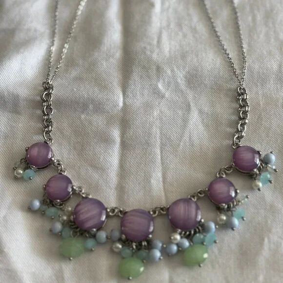 Pastel Cat Eye Statement Necklace Lavender Cabochon Mint Blue Charms - Picture 7 of 7